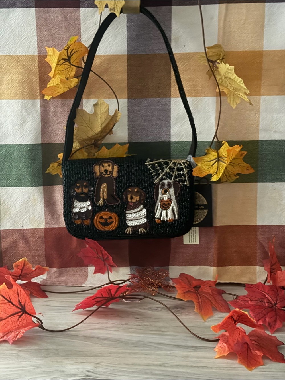 Beaded Black Halloween Dogs Shoulder Bag